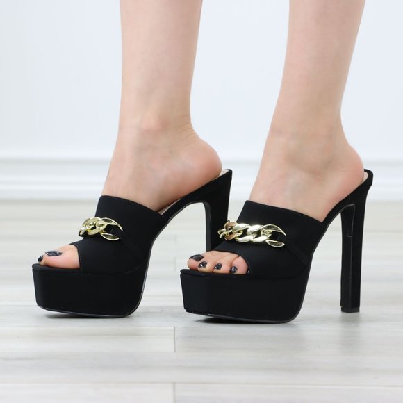 Black Faux Velvet Open Toe Slip On Platform Heels Gold Tone Chain Detailing - Picture 10 of 12